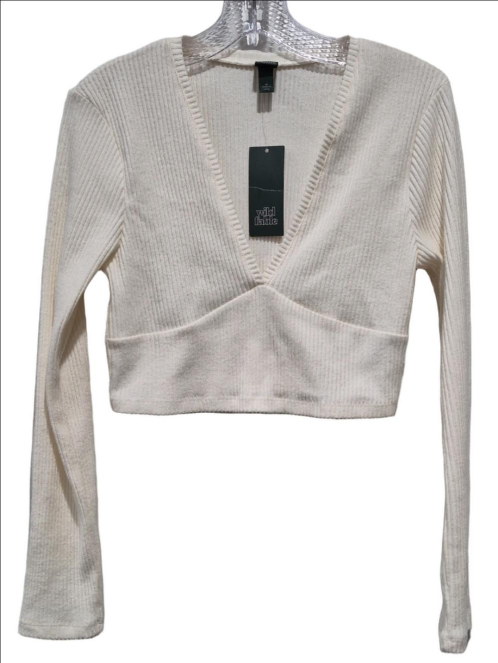 NWT Wild Fable Cropped Ribbed Long Sleeve V-Neck Top Cream M